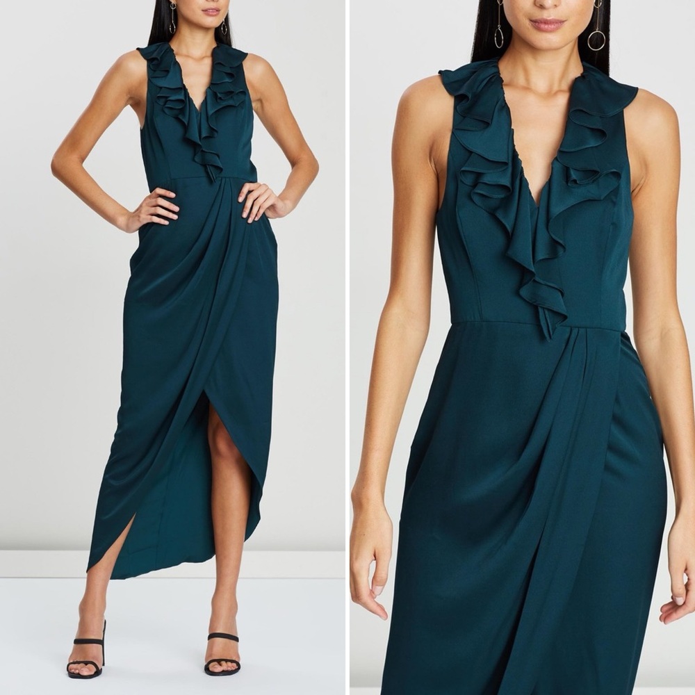 Shona Joy Luxe Plunge Frill Dress Emerald Green Sz 4